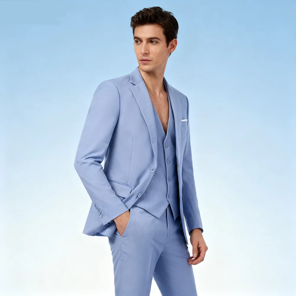 

Men's Monochromatic Slim Fit Wedding Suit Terno Peak Lapel 3 Button Jacket Vest Set Formal Business Smoking Attire