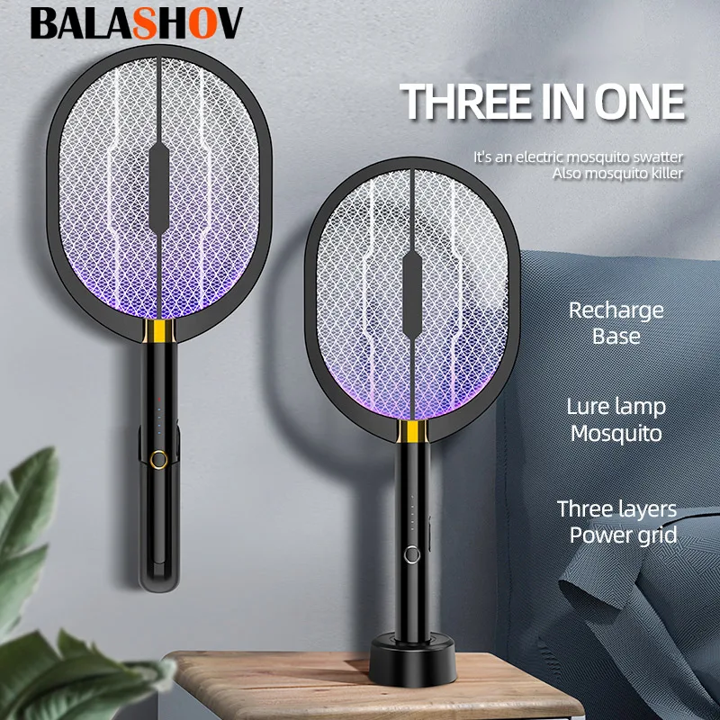 3-in-1 Electric Mosquito Racket With Purple Killer Lamp TYPE-C Rechargeable Electric Bug Zappers Fly Swatter