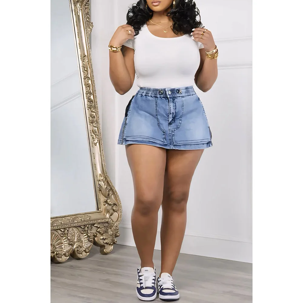 Shorts jeans de zíper azul feminino, plus size, botão, moda natalícia, verão