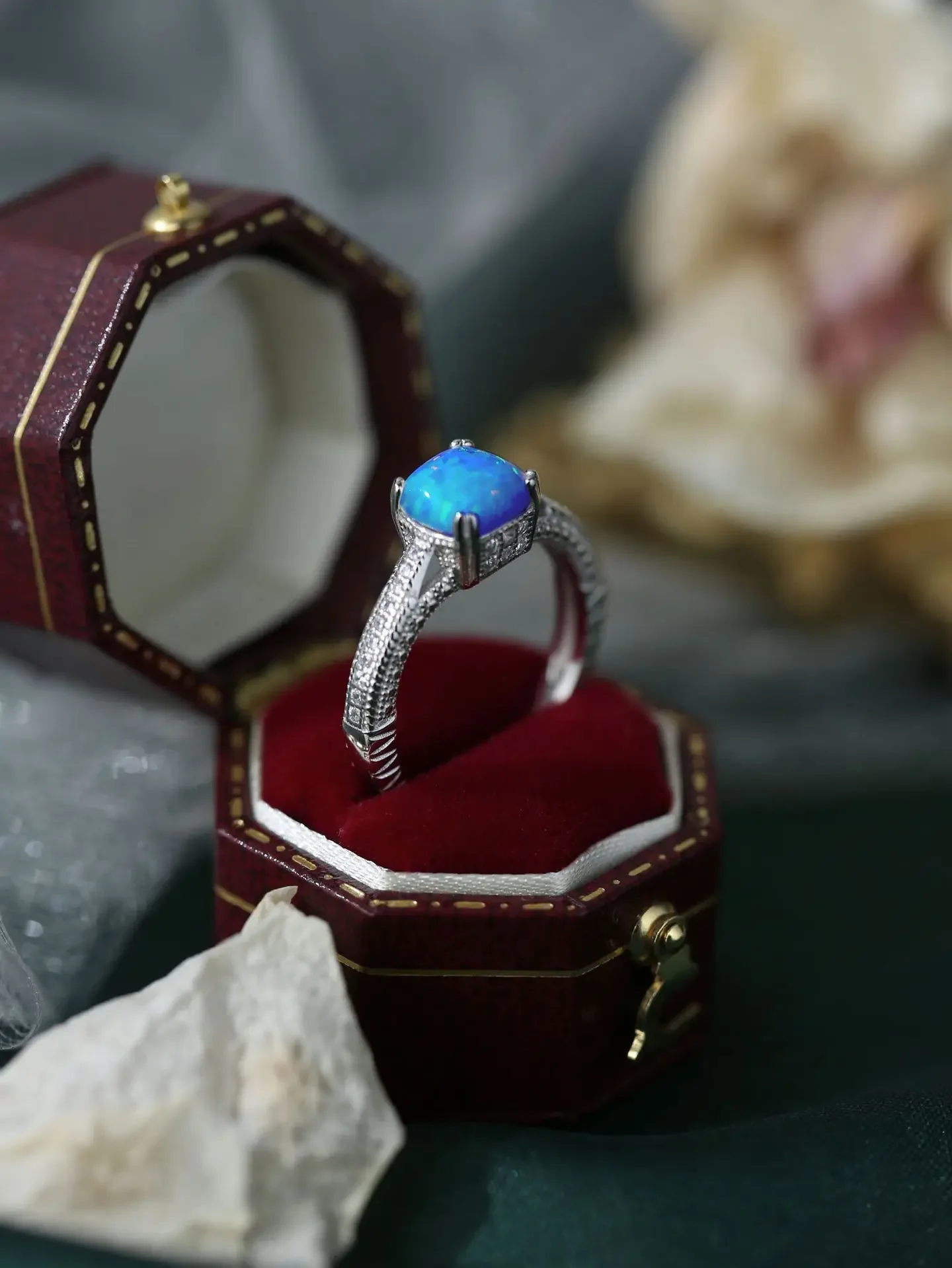 New Hot Sales Pure 925 Silver "Thick Silver Bar" Ring Inlaid with Blue Opal,Simple Design with Trendy Exquisite Style for Women