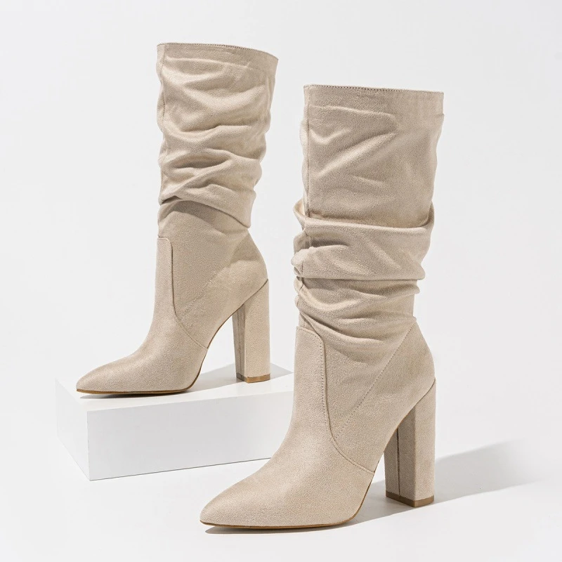 AIYUQI 2025 new pointed toe women's high heel boots mid-tube spring female boots fashionable pleated women high heels