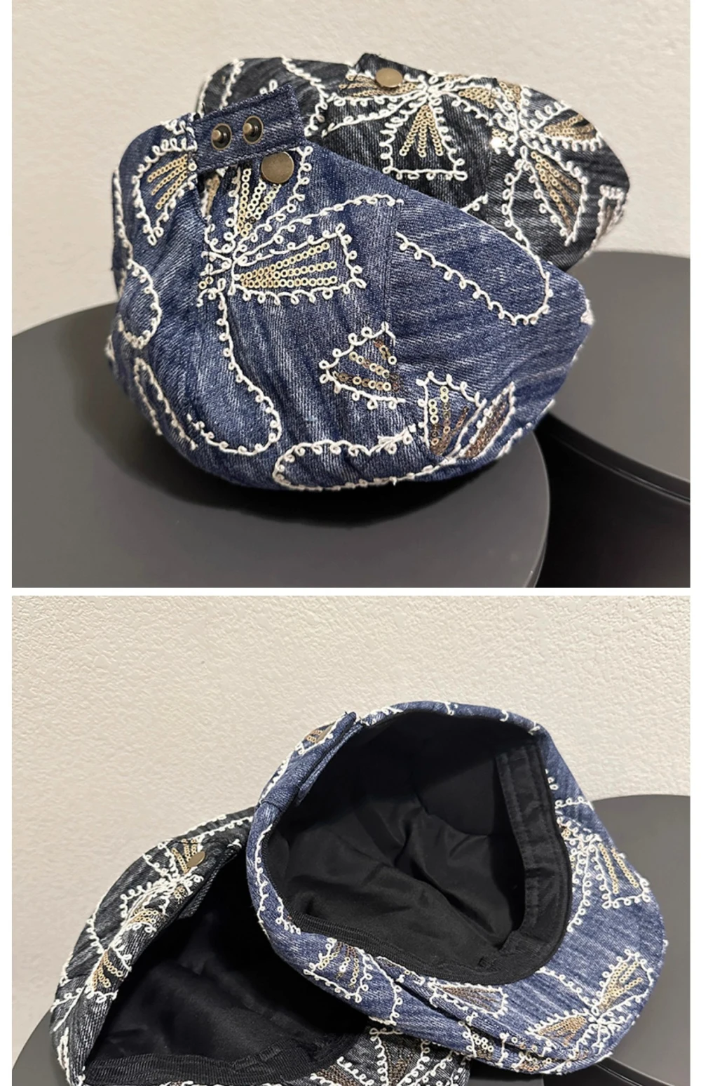 HT4833 Herren Berets Frauen Vintage Künstler Maler Baskenmütze Hut Männlich Weiblich Pailletten Ivy Flache Kappe Frühling Sommer Herbst Denim Baskenmütze Kappe – Detail 13