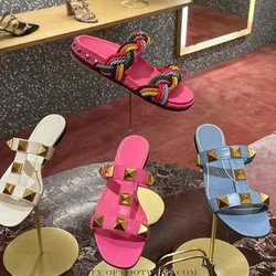 Women Rockstud Flat Slides Open Toe Colorful Leather Slippers Luxury Designer Mules Summer Lady Causal Beach Dress Shoes