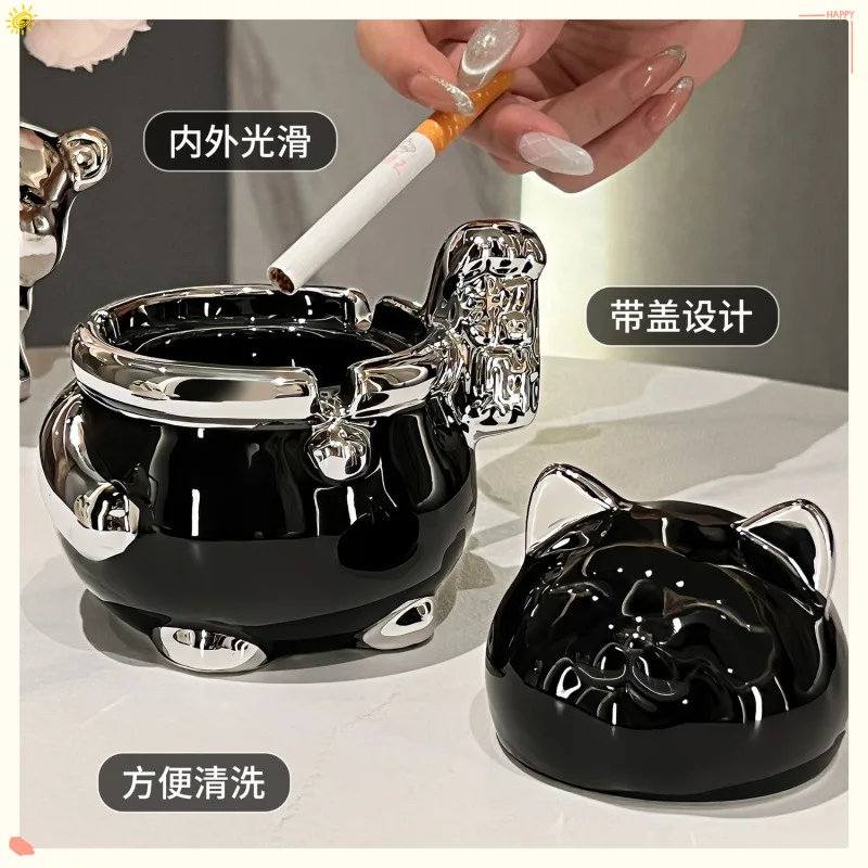 Ceramic light luxury high-end lucky cat ashtray with cover