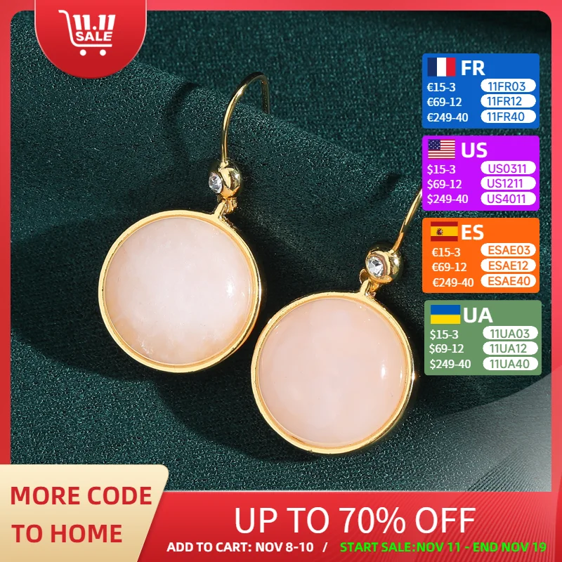 

Vintage Pink Rose Quartz Round Drop Earrings Woman Gold Color Elegant Luxury Quality Jewelry Daily Party Designer Gift New In