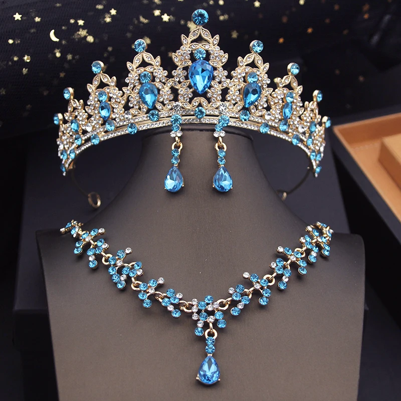 Princess Crown Bridal Jewelry Sets for Girls Blue Tiaras Choker Necklace Sets Bride Wedding Dress Prom Jewelry Accessories