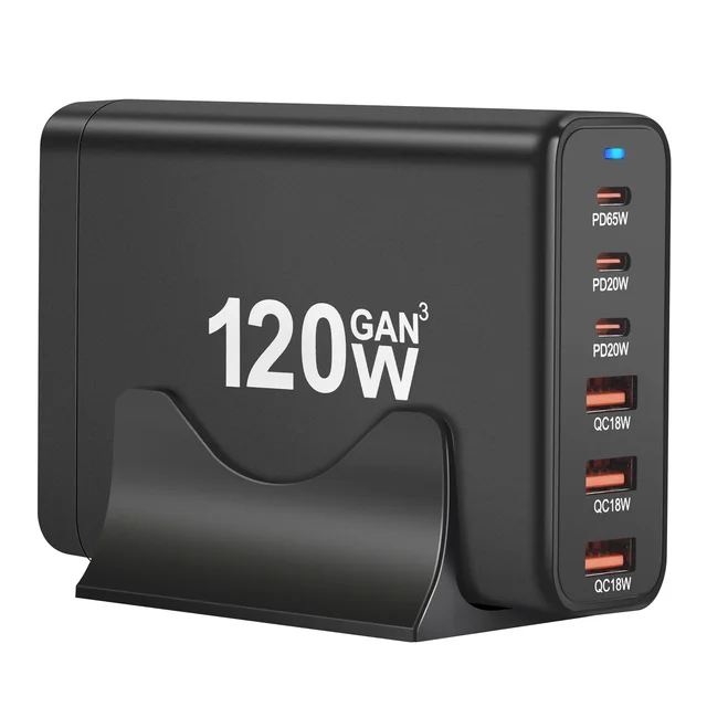 120W GAN Multi USB Stacja ładująca 6 portów Hub Typ C Ładowarka PD Stacja szybkiego ładowania Inteligentna ładowarka do iPhone Samsung Xiaom