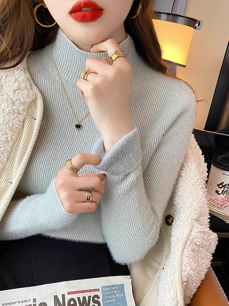 

Women's Knitted Solid Turtleneck Sweater Slim Long Sleeve Pullover French Versatile Autumn Winter Fleece-lined Thick Warm Tops