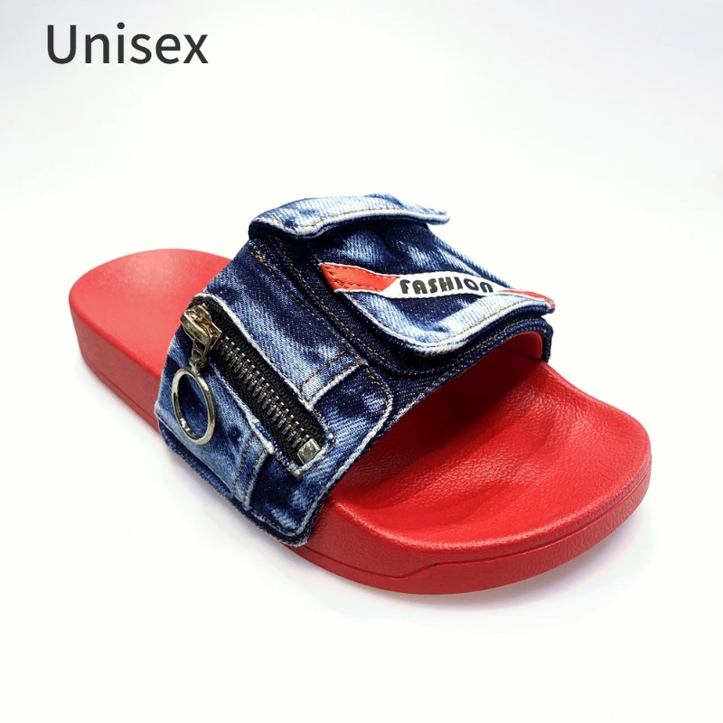 2023 Summer New Pocket Denim Flat Slippers Comfortable Casual Size 47 48 Thick Soled Men's Women's Multi-color Outdoor Sandals