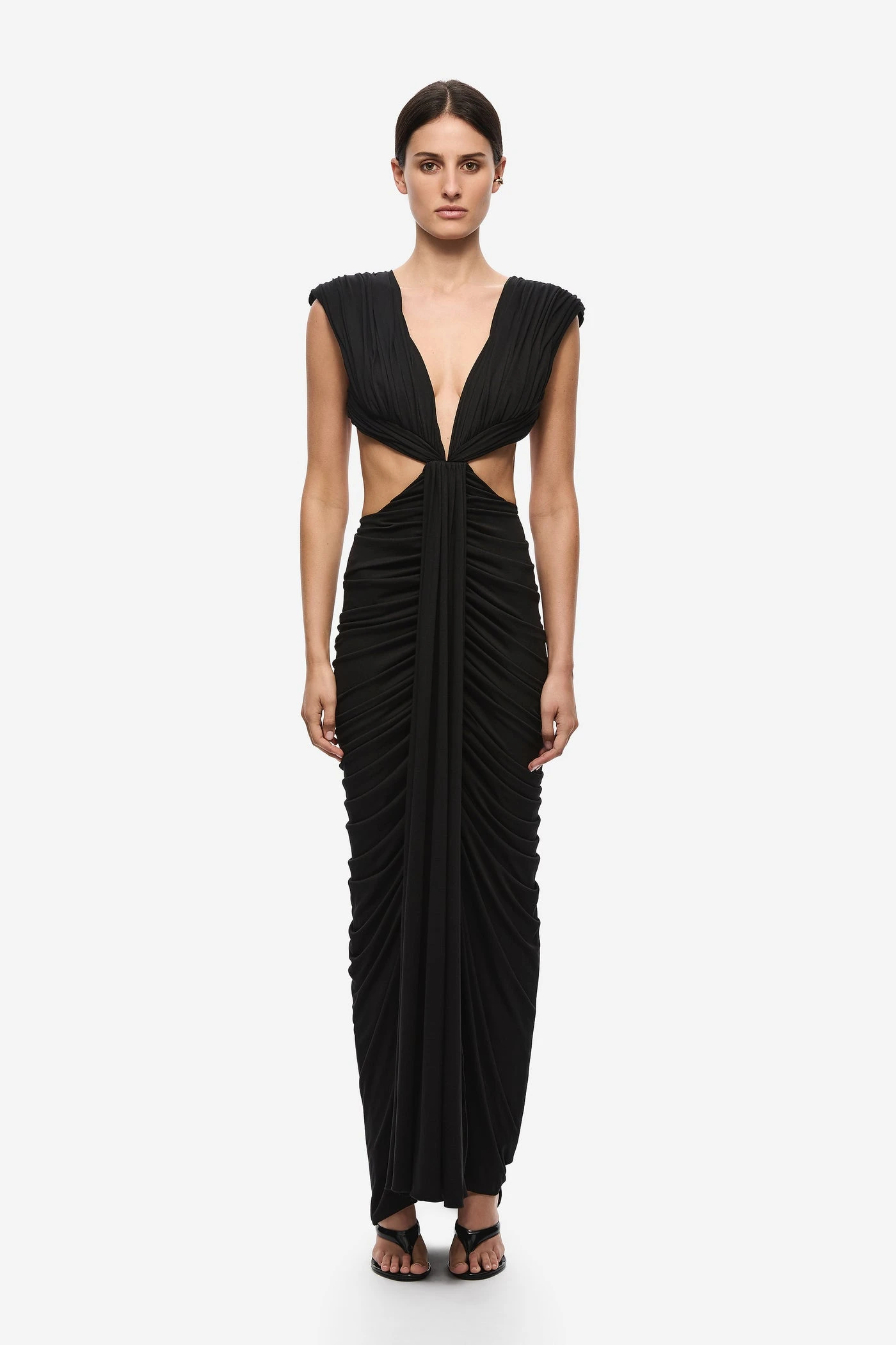 VC Women Black Maxi Dress Sexy Deep V Neck Ruched Bodycon Dress Sleeveless Cut Out Dress Elegant Evening Gown Vestidos Mujer view 4