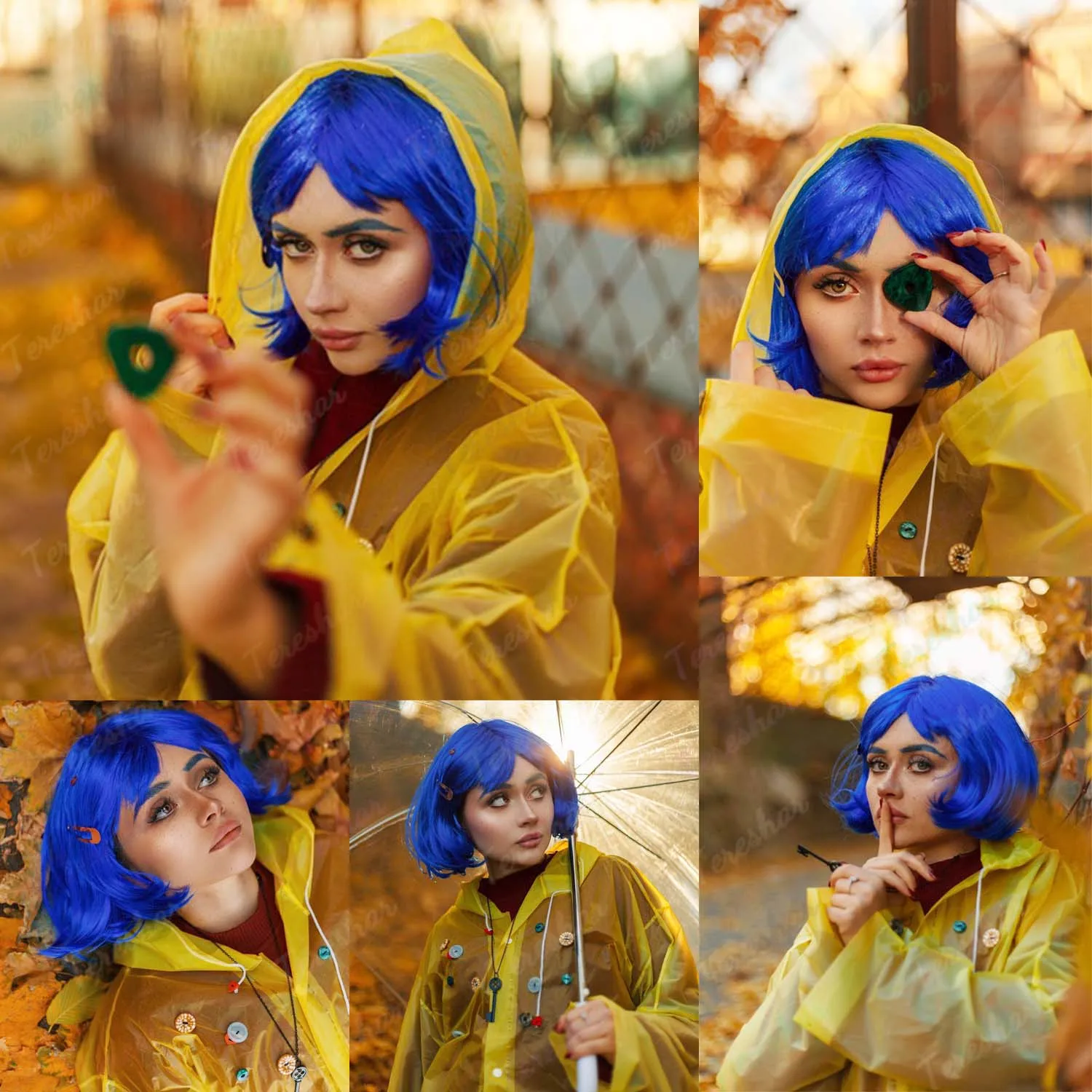 Synthetic Dark Blue Bob Coraline Costume Wig+Dragonfly Hairpin+Key Necklace, Bob Wig with Bangs for Party Halloween Cosplay Wig