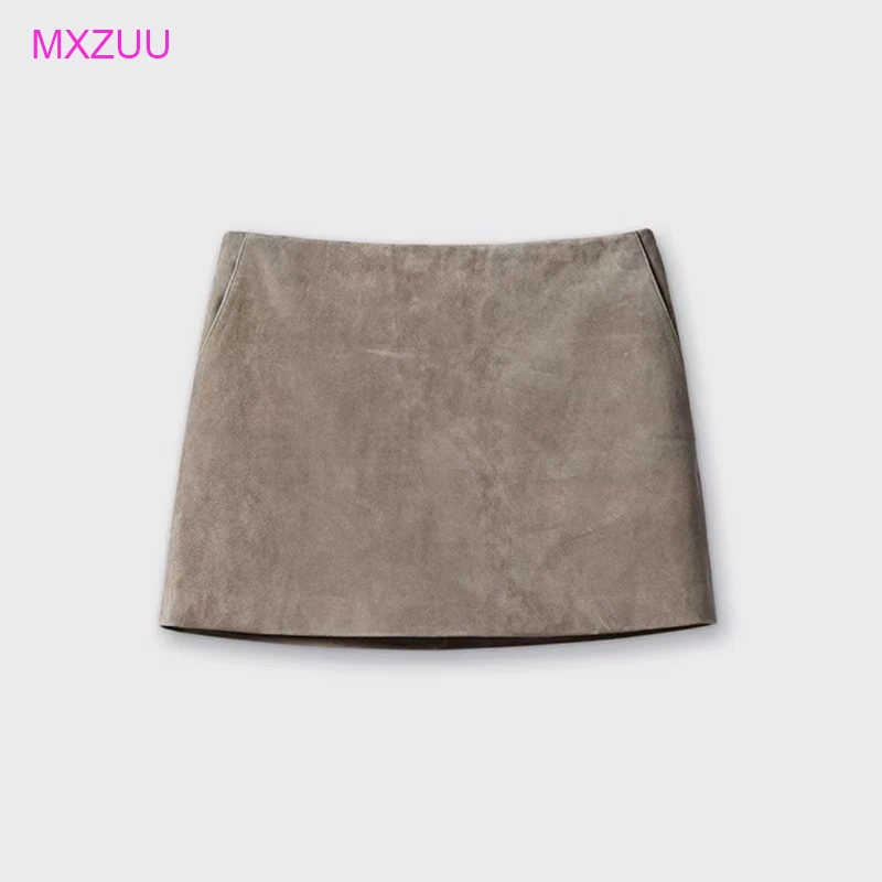 

Real Suede Leather Mini Skirt for Women Spring High Quality Sheepskin Simple Warp Hip Slim Fashion A-line Short Jupe Femme Saias