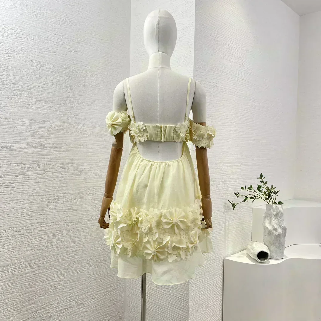 Linen Silk 2024 New Summer Design Collection Yellow High Quality Three-dimensional Decoration Cut Out Back Mini Tube Dresses