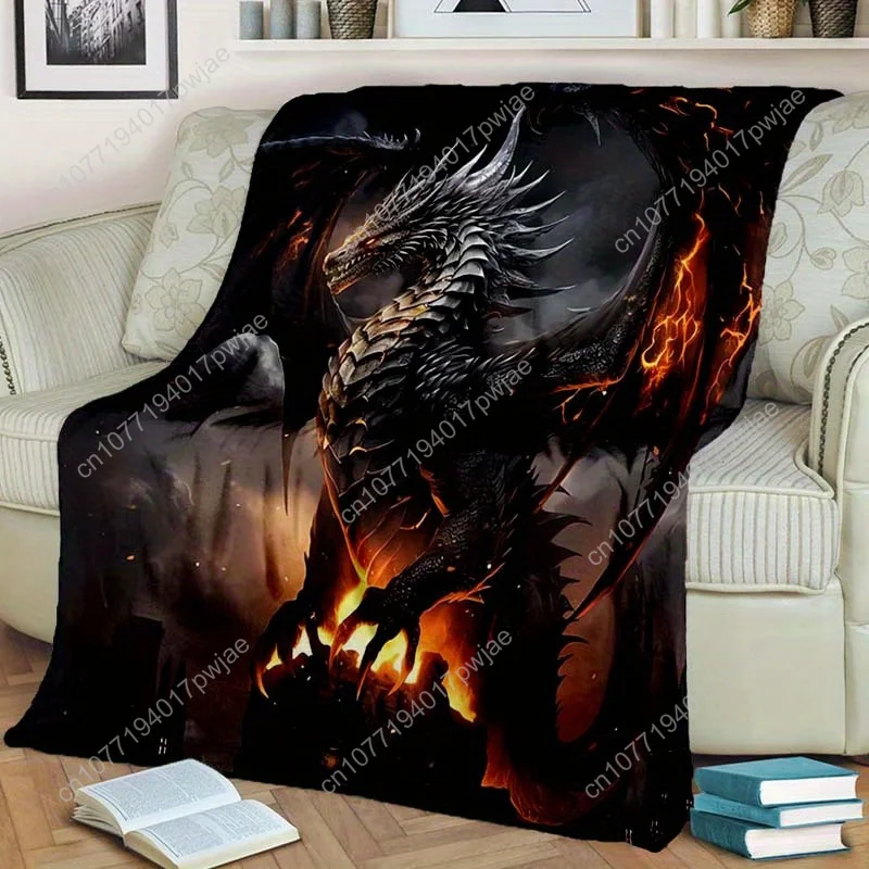 

1pc Thick - Flannel Blanket Suitable for Men, Women & Pets - Luxury Retro Black Dragon Print Bedspread, Soft Light Beige-Friendl
