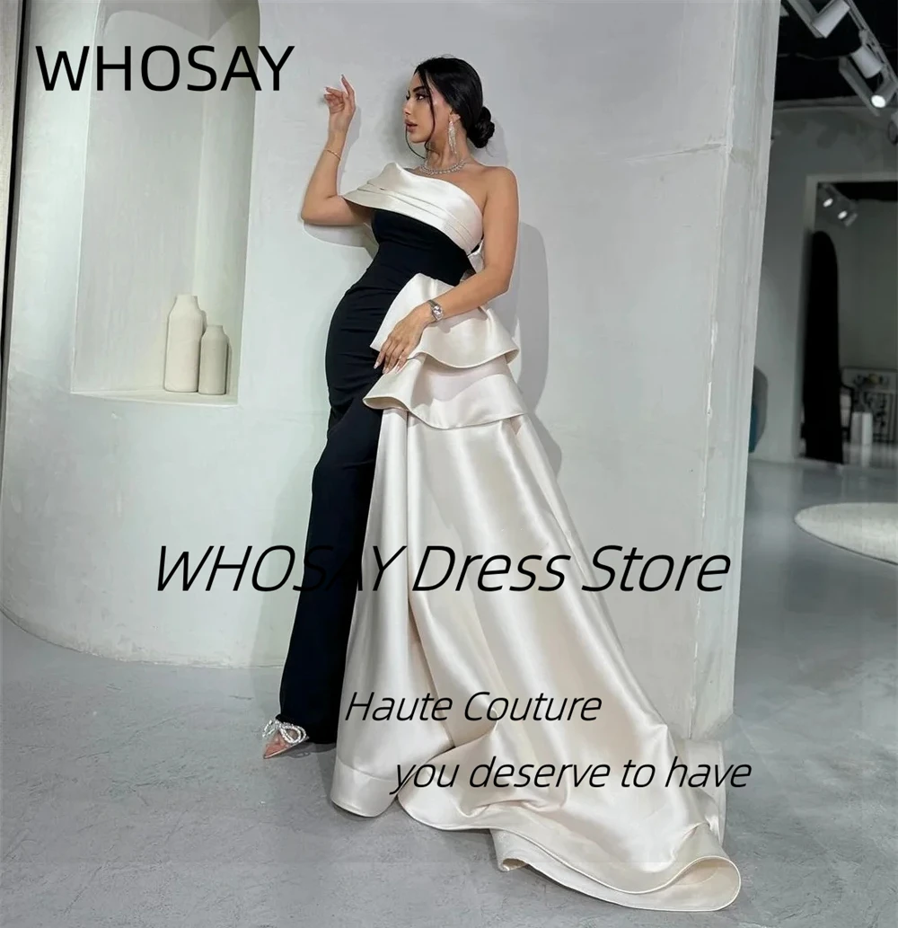 WHOSAY Black Sheath Evening Dresses Customized Contrast Color One Shoulder Long Flutters Train Prom Party Women Wear