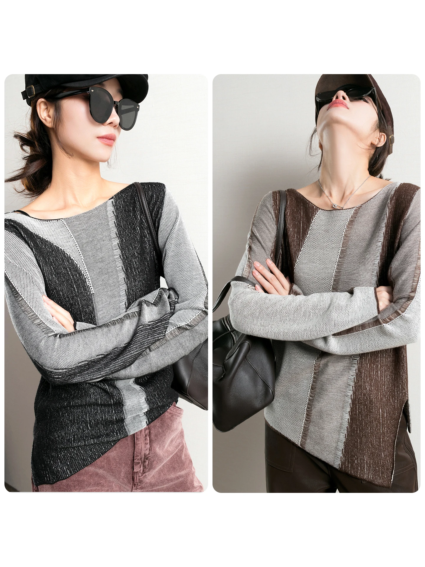 

TidePA Design Asymmetric Color Blo Long Sve Low round Ne Knitted Sweater Women Casual Sle Soft Polyester Blend
