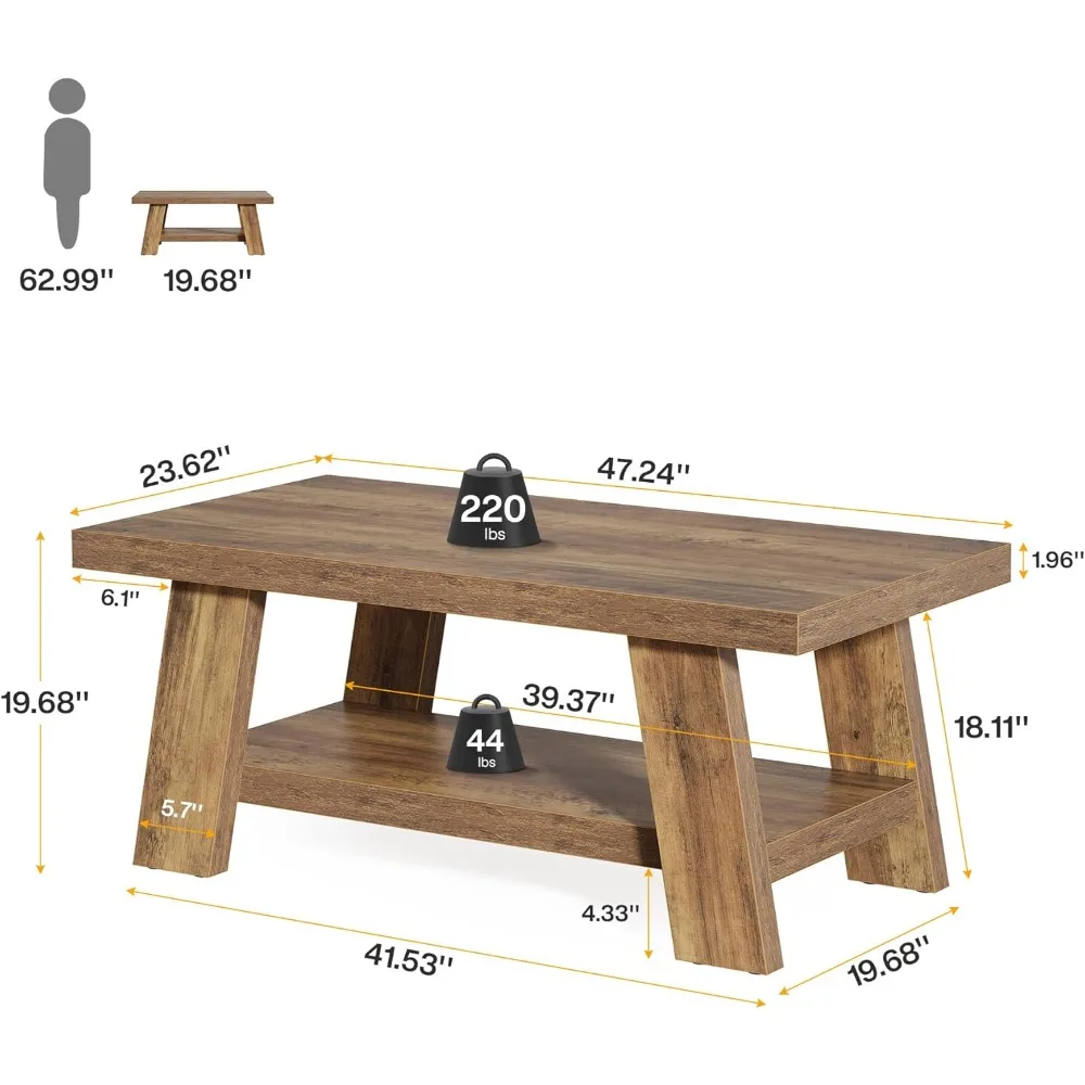طاولة قهوة المزرعة، غرفة المعيشة 47.24 طاولات قهوة ريفية مستطيلة، طاولة مركزية خشبية مع رف تخزين #2