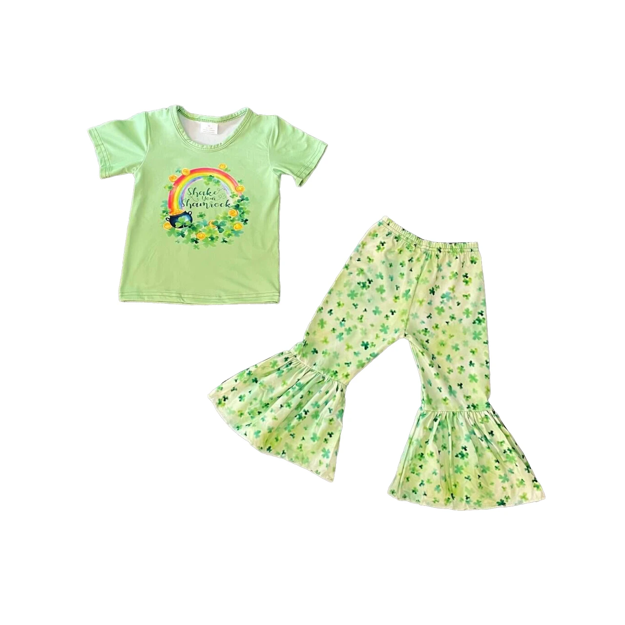 Boutique Girls St. Patrick Outfits Peace Love Short Sleeve Clover Bell Bottom Pants Sets