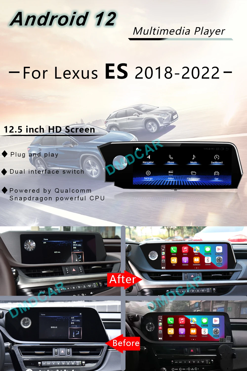 Android 12 Snapdragon 8+128G Car Radio Multimedia Video Player CarPlay Auto GPS Navigation For LEXUS ES ES200 ES300H ES250 ES350