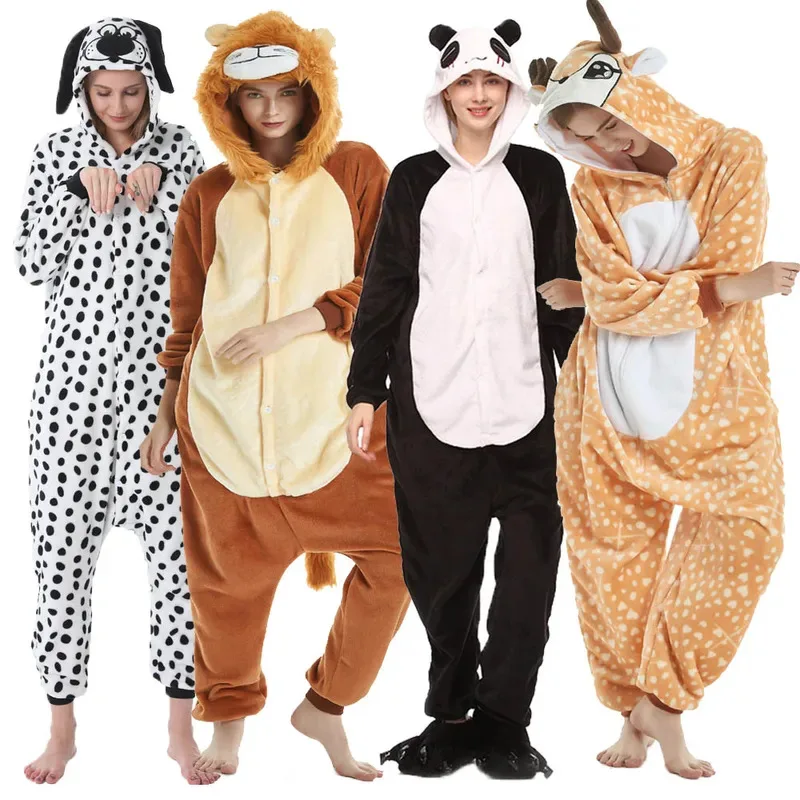 

Adults Kigurumi Lion Panda Deer Dalmatians Animal Overall Hooded Jumpsuit with Zipper Women Pajamas One Piece Pijamas Plus Size