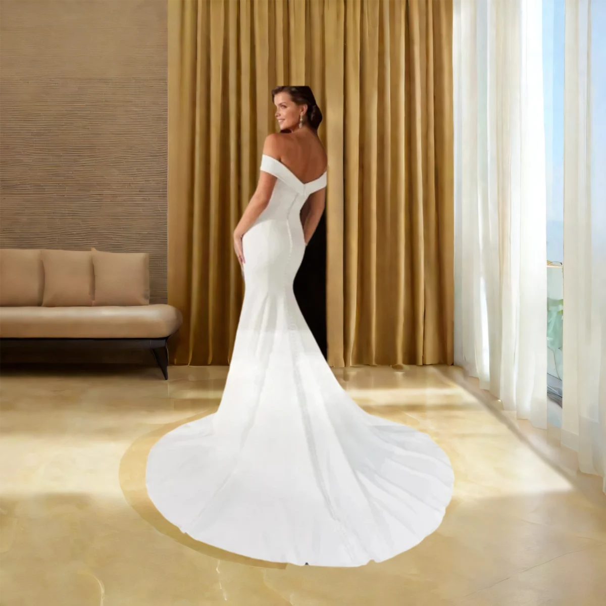 YNQNFS Fashionable mermaid white wedding dress with shoulder card satin solid color wedding dress, church trailing evening gown