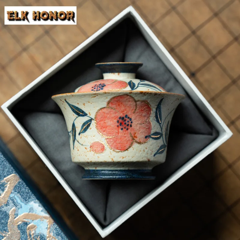 130ml Hand-painted Peach Blossom Gaiwan Retro Tea Tureen Tea Bowl With Lid Kit Tea Brewing Cover Bowl Kung Fu Tea Set Decoration
