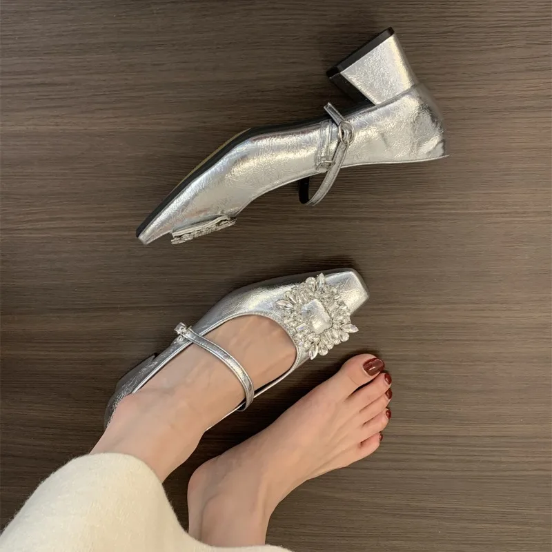 الفضة مسطحة القاع النمط الفرنسي أحذية نسائية وصول جديد ربيع الخريف رئيس مربع حجر الراين أحذية السهرة الحمراء #3