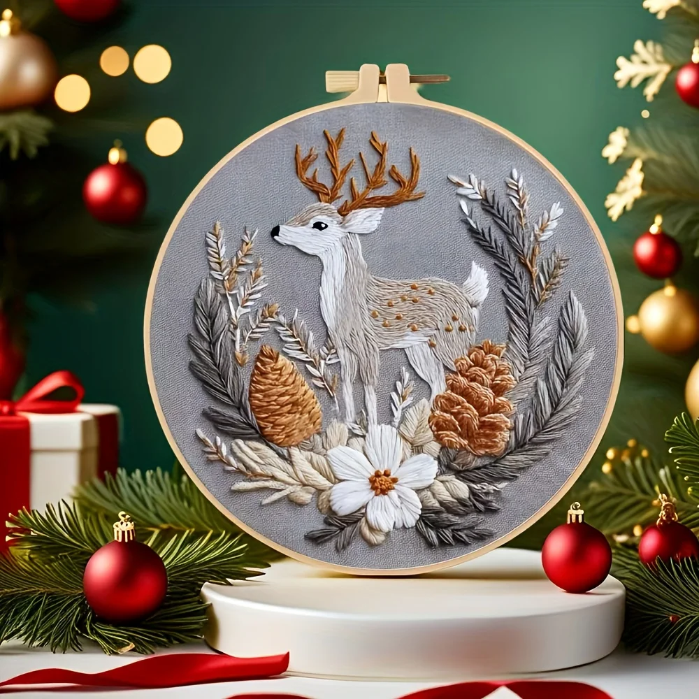 Das neue Weihnachts-Stickset mit Rentier- und Weihnachts-Elster-Serie enthält gedruckte Muster, Nadeln und Fäden, emb