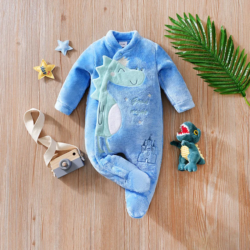 Newborn baby jumpsuit Autumn and Winter Flannel Blue Dinosaur Embroidered Legged Foot hugging baby clothes Unisex 0-18 months