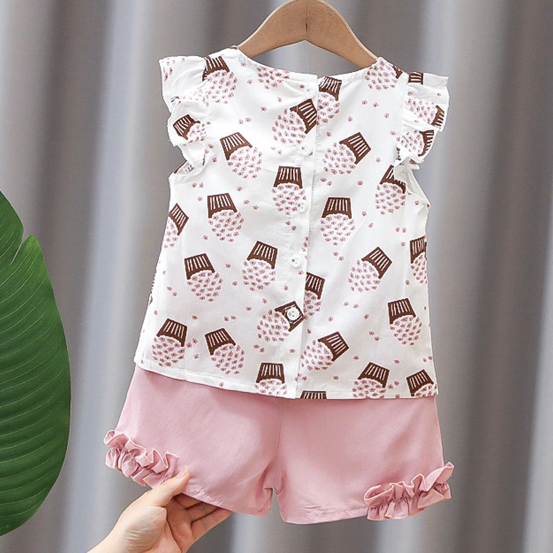 Summer Cool Girls Clothes Set Popcorn Print Ruffle Sleeve Baby Sport Outfit Bow T-Shirts Pant 2PCS Children Tracksuit Kids A488