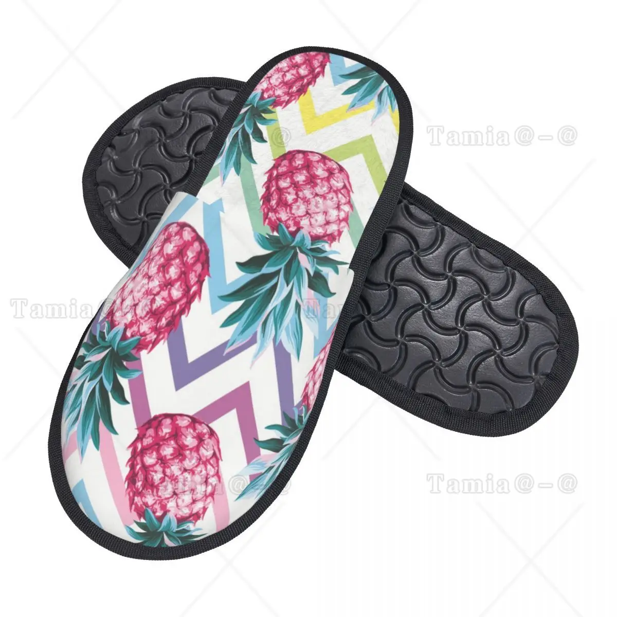 Plush Indoor Slippers Pineapple Abstract Geometrical Print Warm Soft Shoes Home Footwear Autumn Winter