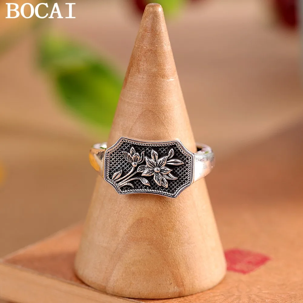 

BOCAI NEW S925 Sterling Silver Vintage Personality Embossed Flower Ring