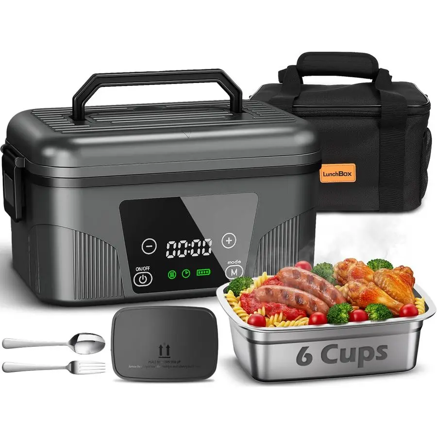 

Электрический ланч-бокс для взрослых, перезаряжаемый ланч-бокс с подогревом емкостью 18000 мАч, питание от аккумулятора с расписанием нагрева, портативная еда емкостью 1,5 л