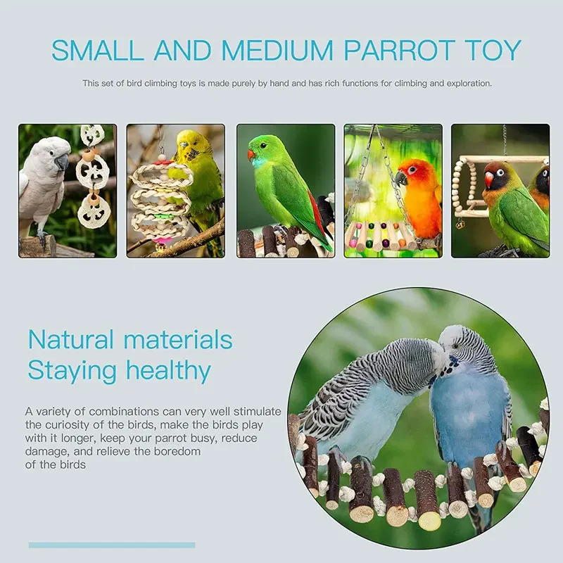 7PCS Set Combination Parrot Bird Toys Wood Articles Bite Pet Bird Toys For Parrot Training Bird Toy Swing Ball Bell Standi