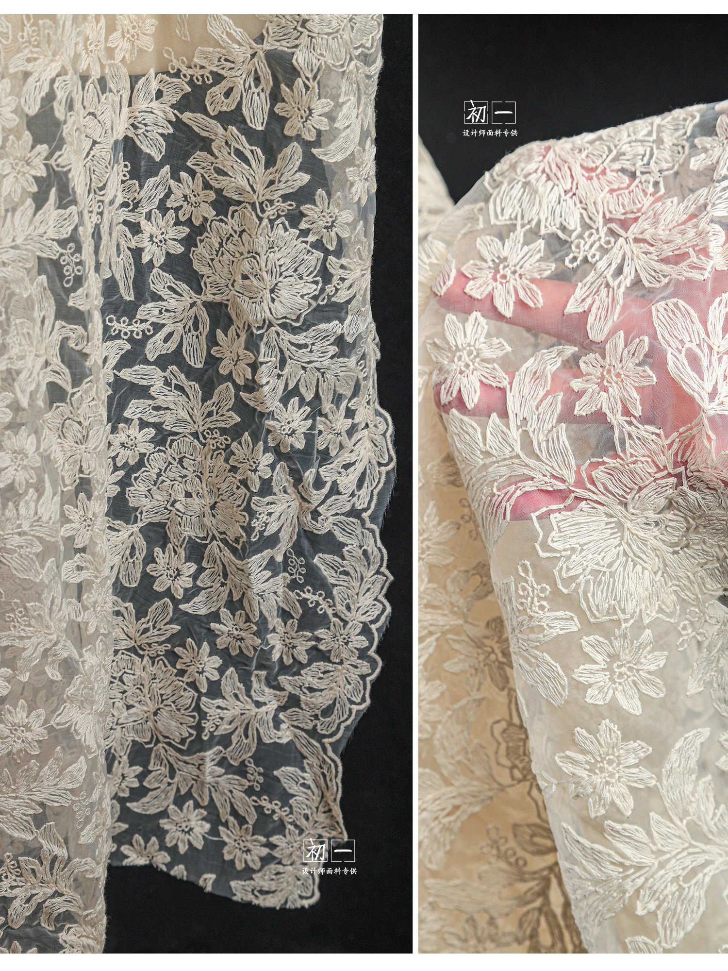Beige Cotton Thread Embroidery Flower Mesh Lace Fabric for Dress/ Apparel Designer Sewing Fabric By The Yard