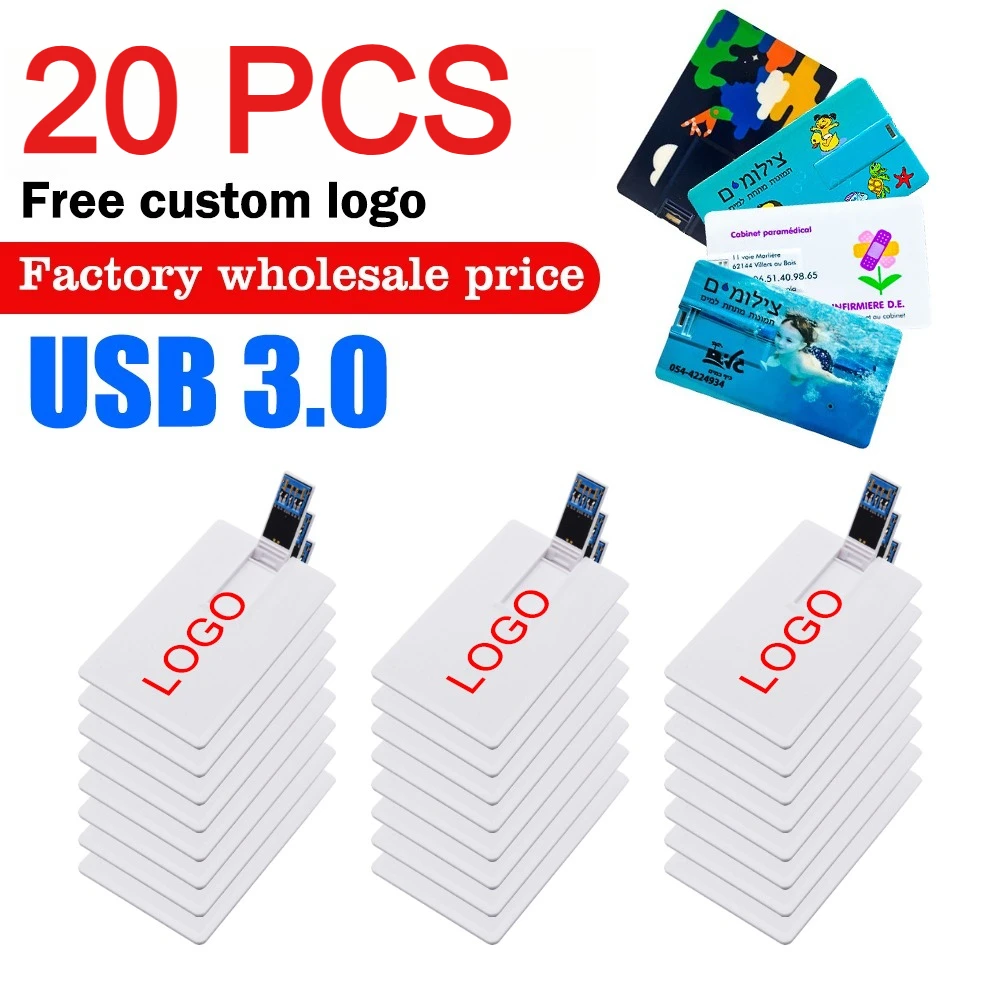 

20 шт., бесплатная двусторонняя печать логотипа, кредитная карта, USB 3,0, флэш-накопитель, 128 ГБ, настоящая емкость, пластиковый свадебный подарок