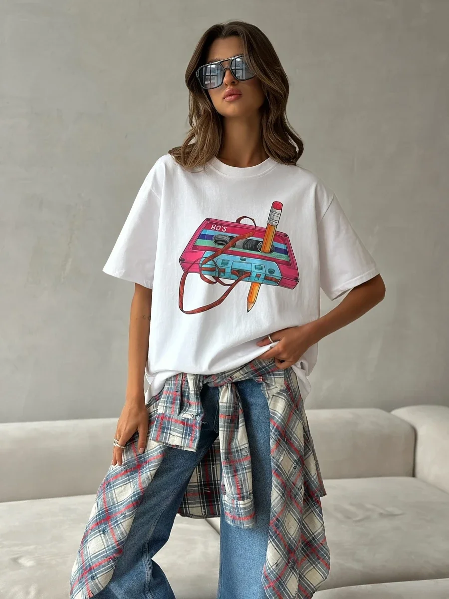 Sumuyoo 여성의 세련된 프린트 티셔츠 캐주얼 빈티지 반소매 프린트 T 셔츠 패션 힙합 루즈 탑