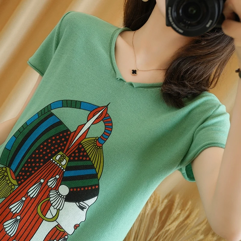 

Spring Summer New Style 100 Pure Cotton Short Sleeve Knitted T-Shirt Women's V-Neck Printed Short Sleeve Vest Full Cotton Thr...