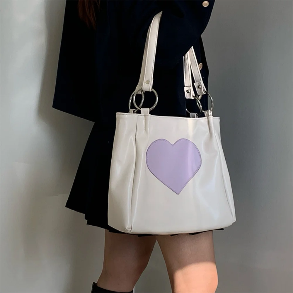 2024 New Y2K Love Handbag Women Heart Printing Soft Leather Shoulder Bag Large Capacity Tote Bag Luxury Lady Shopping Bag