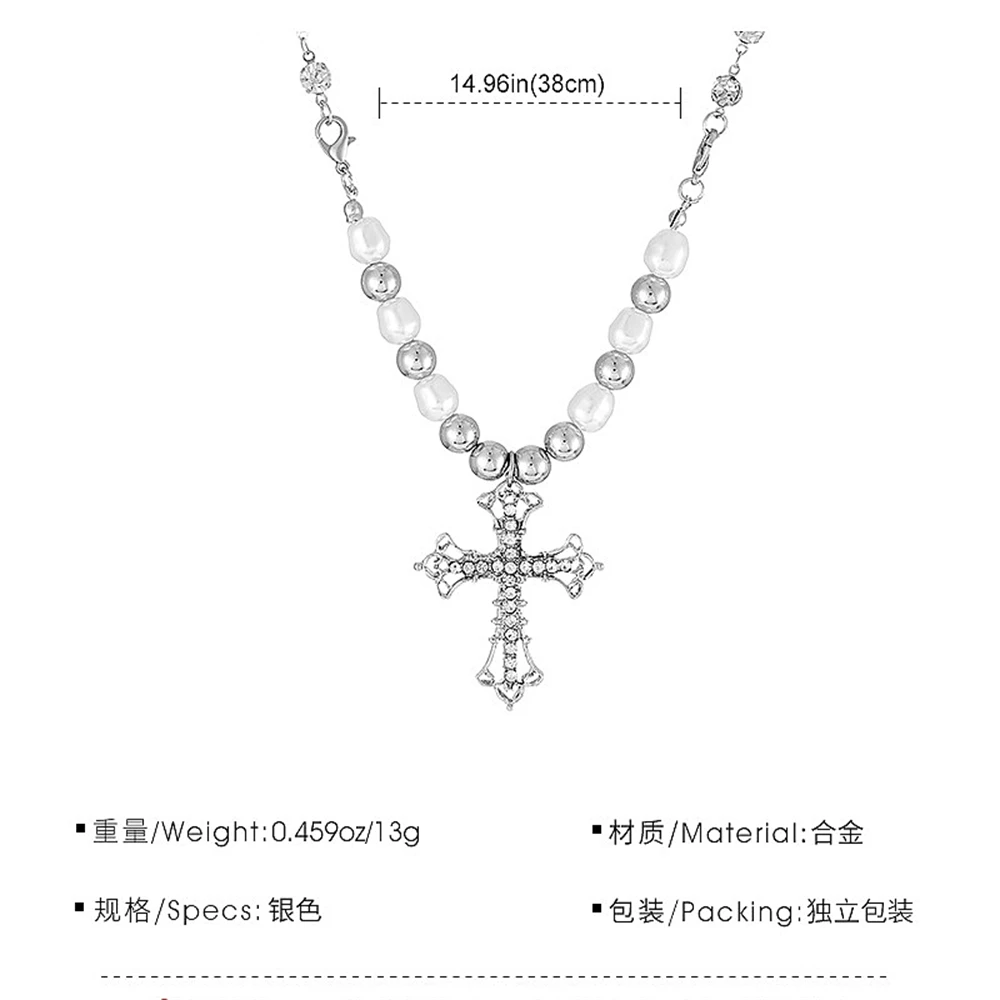 Exquisite Rhinestone Cross Pendant Necklace Punk Unisex Pearl Necklaces Hip Hop Choker Clavicle Chain Party Jewelry Friend Gifts