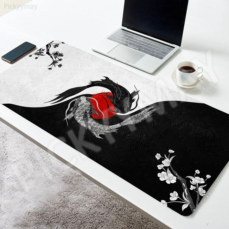 Mousepad besar XXL alas Mouse kantor seni Jepang ikan Koi alas meja komputer bantalan Keyboard alas Mouse Hitam karet Deskpad besar