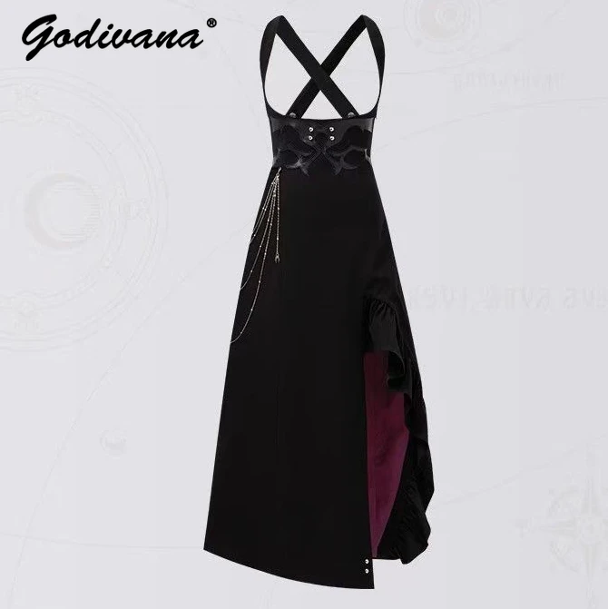 2025 Spring New Gothic Lapel Women's Long-sleeved Slim Shirt Blusas High Waist Chain Tassel Suspender Skirt 2 Piece Sets
