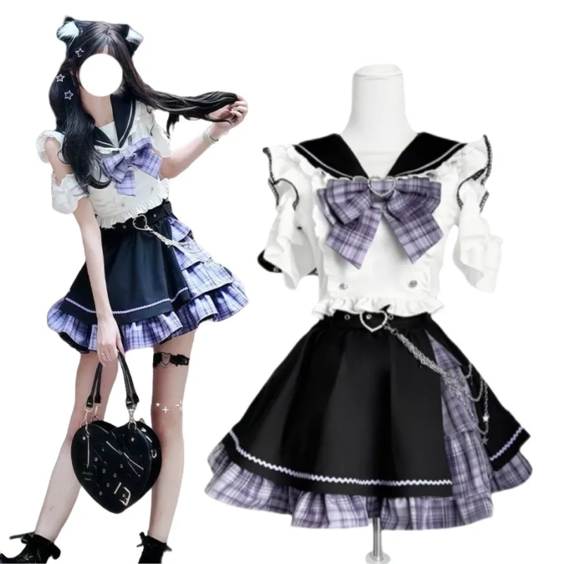 Japanese Sweet Lolita Cosplay Gothic College Style Jk Uniform Y2k Dress Black Purple Patchwork  Kawaii Top Skirt 2 Piece Set Set