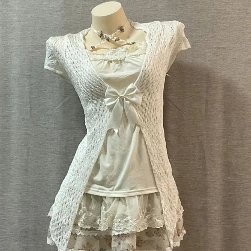 لوليتا الحلو أنيقة 2 قطعة مجموعات فساتين 2000s سليم قصيرة الأكمام صدرية مثير الدانتيل فستان بحزام Y2k Kawaii خمر الدعاوى شيك