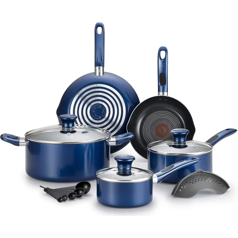 Nonstick Thermo-Spot Heat Indicator Dishwasher Oven Safe Cookware Set, 14-Piece, Blue