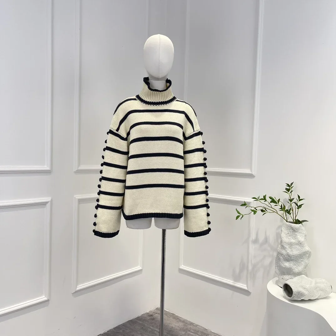 2023 New Arrival Fall Winter High Quality Beige Turtleneck Striped Long Sleeve Casual Pullover Sweater for Women