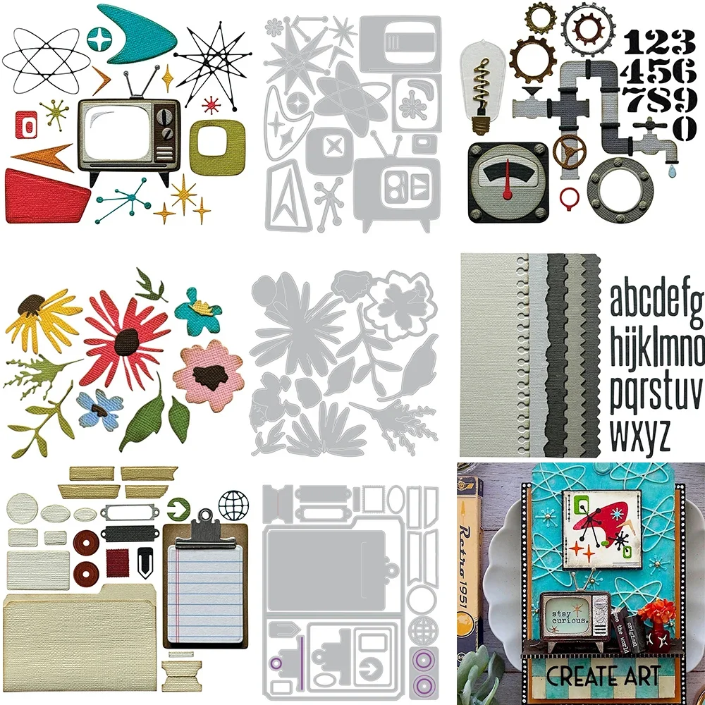 Atomic Retro TV Industrielle Zahlen und Alphabet Metall-Stanzformen Floristik Postale gestanzte für DIY Scrapbooking Kartenherstellung