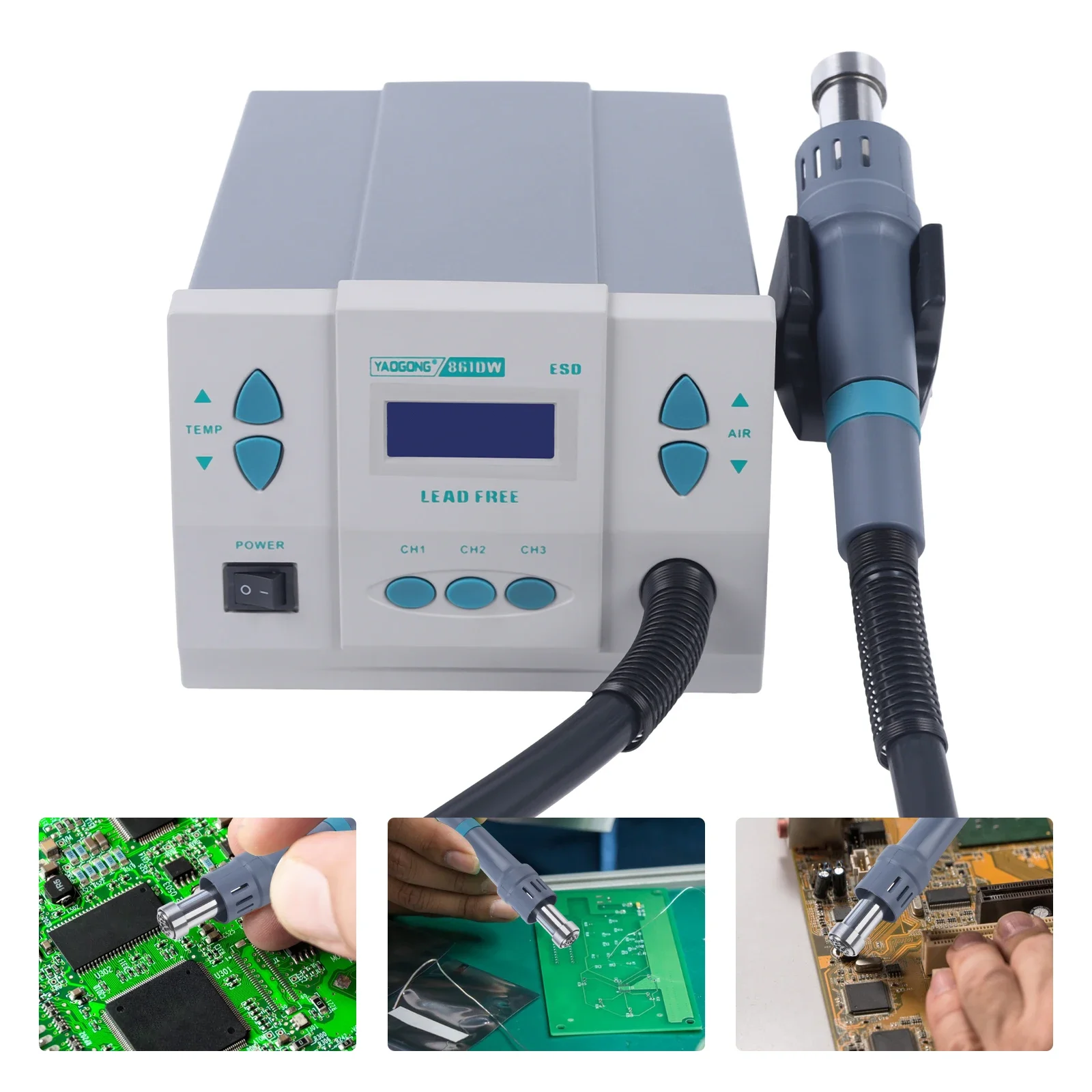 Hot Air Rework Station, 1000W Digital Heat Soldering Rework Station with Adjustable 100℃~500℃ Heat Gun& 3PCS Air Nozzles