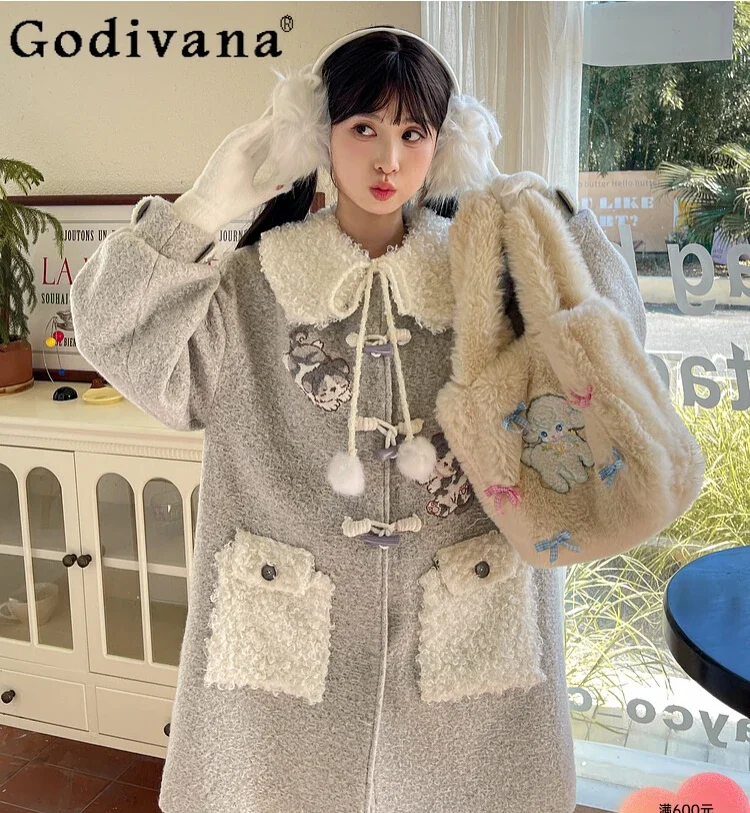 

Original Doll Collar Faux Fur Jacket Women Winter Warm Thickened Mid-length Woolen Coat Student Sweet Cute Kawaii Furry Jackets