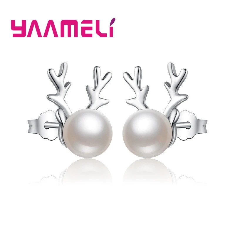 Lovely 925 Sterling Silver Deer Antlers Design Pearl Stud Earrings for Women Girls Anniversary Party Fashion Jewelry Gifts